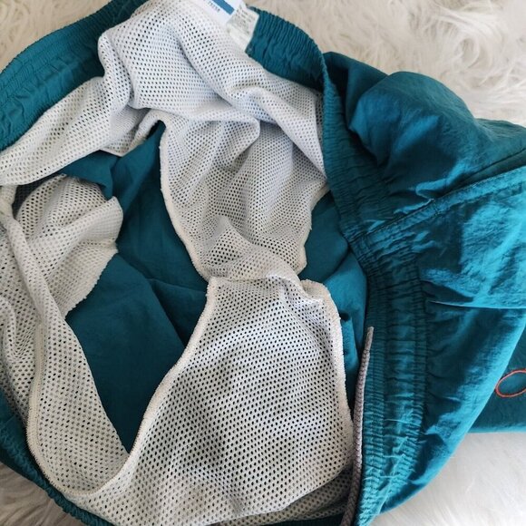 Vtg 80-90s OP Ocean Pacific Swim Trunks Shorts M Surf Spellout‎ Turquoise Flaw - Picture 7 of 12